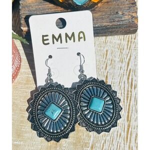 Emma Turquoise Western Earrings Silver Tone Oval Drop Dangle Jewelry